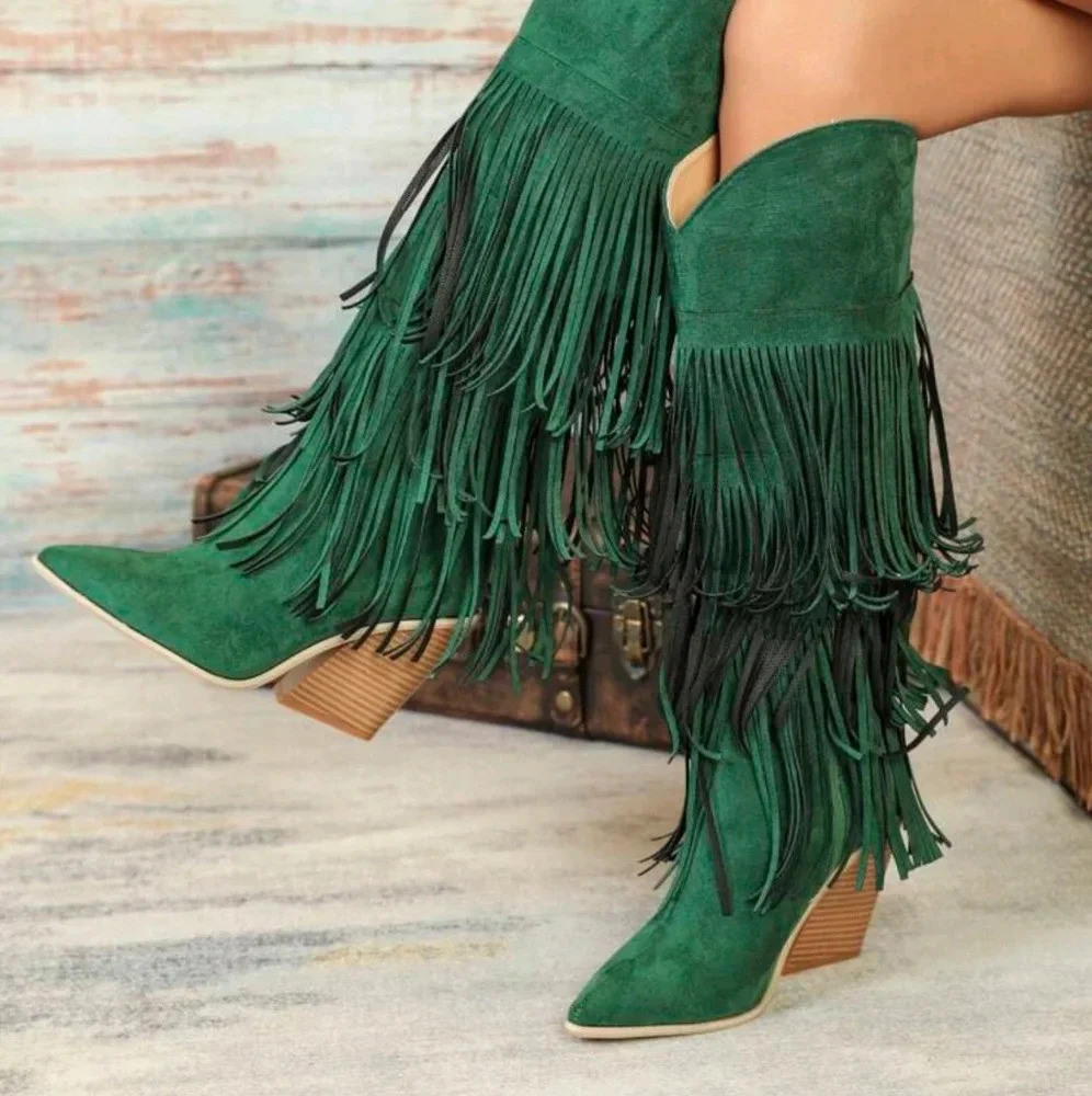 Green Knee-High Geometric Fringed Comfortable Faux Suede Thick Heel Boots, - Picture 2 of 6
